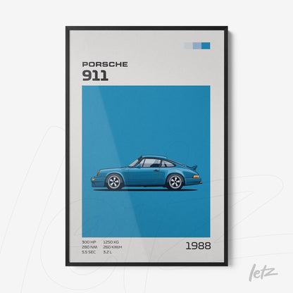 framed illustration of a 1988 Porsche 911 with a blue background and black frame