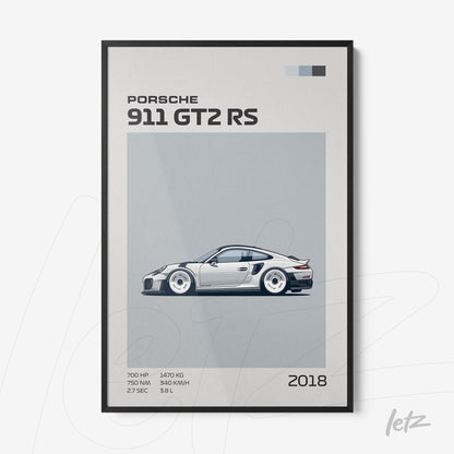 framed wall art featuring the sports car porsche 911 gt2 rs with black frame