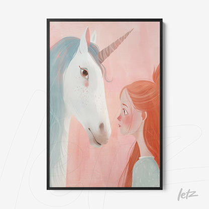 framed artwork featuring a unicorn and a young woman with a soft pink background