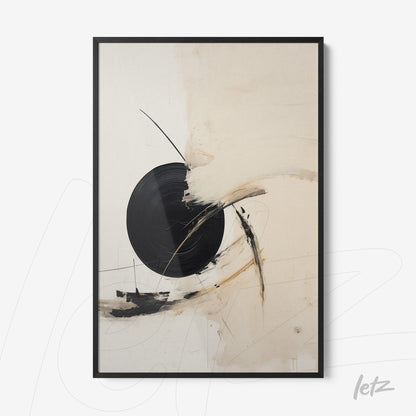 abstract wall art in neutral tones featuring a black circle on a light background with brushstroke details