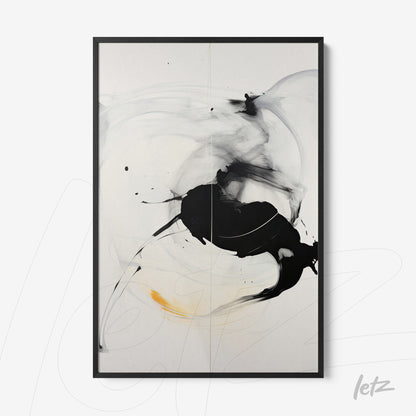canvas print featuring an abstract artwork in black and gray with a touch of yellow in a black frame