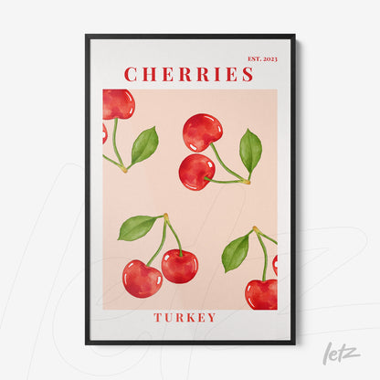 framed illustration of red cherries on light pink background with black frame