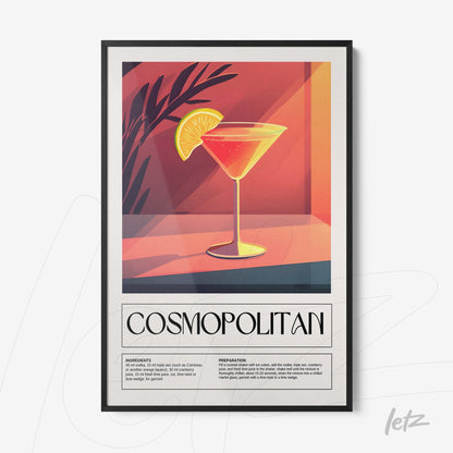 framed artwork of a stylized cosmopolitan cocktail with a black frame, featuring a gradient background in orange and pink hues