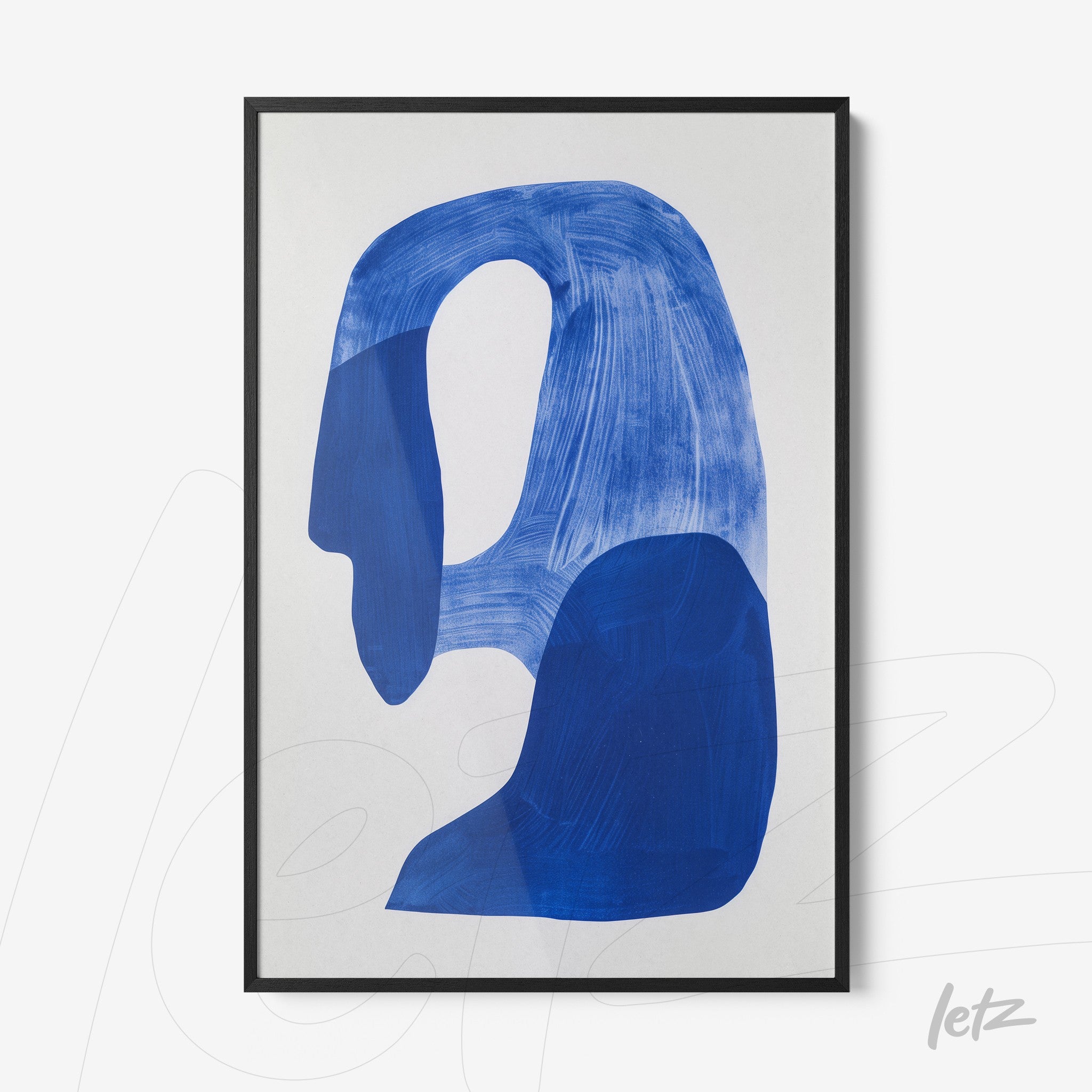 framed abstract art in shades of blue featuring fluid shapes against a light background