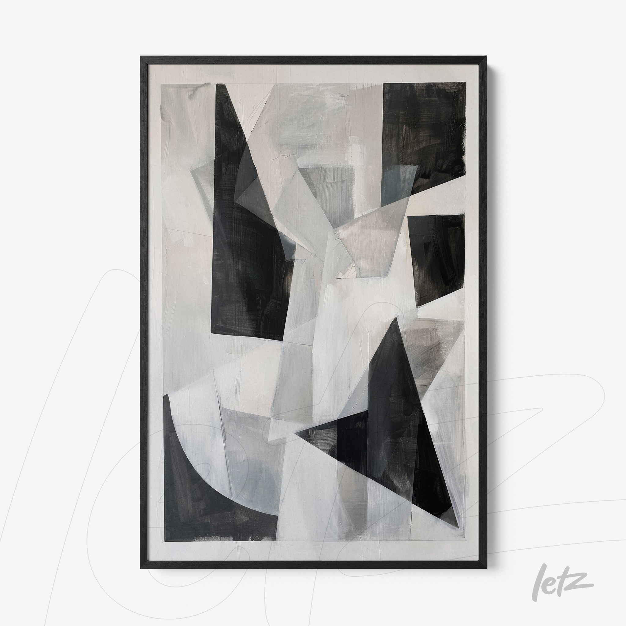 abstract wall art in black and gray featuring geometric shapes, framed in black