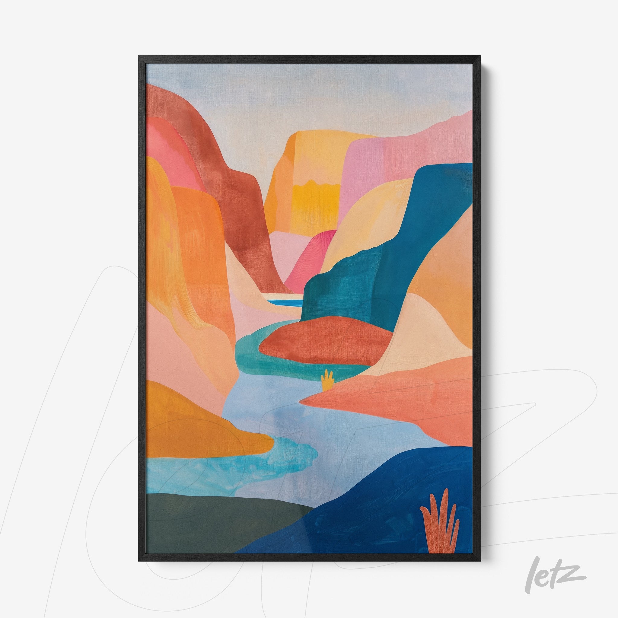framed artwork of an abstract mountainous landscape in vibrant colors