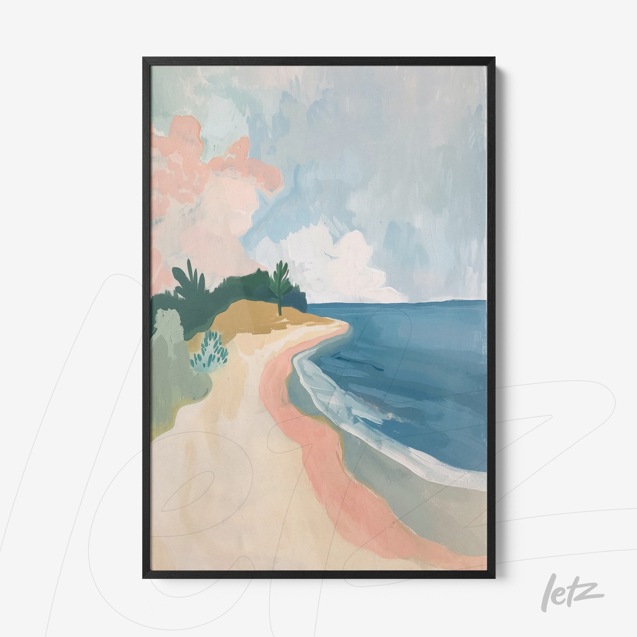 framed artwork depicting an abstract beach landscape with pastel sky hues