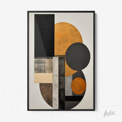 framed abstract artwork in shades of orange, black, and gray with a thin black frame