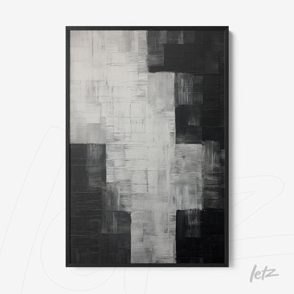 abstract artwork in shades of black and gray with textured brush strokes in a black frame