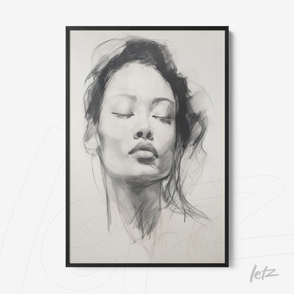 framed black and white portrait illustration of a woman with closed eyes