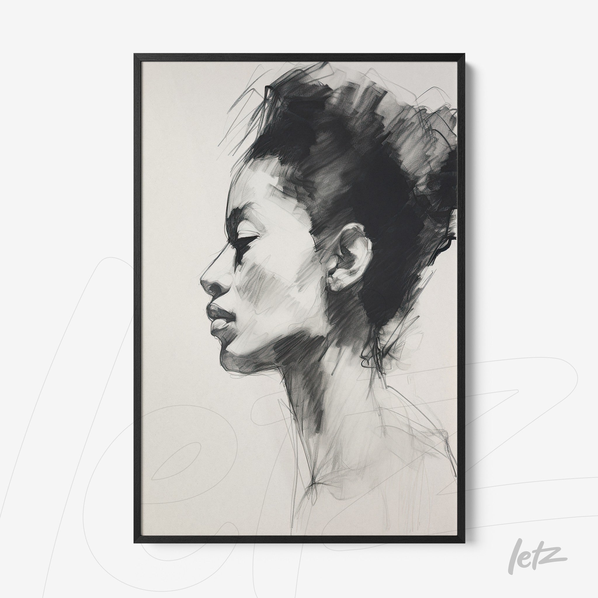 framed portrait artwork featuring expressive line drawing of a woman's profile with hair up