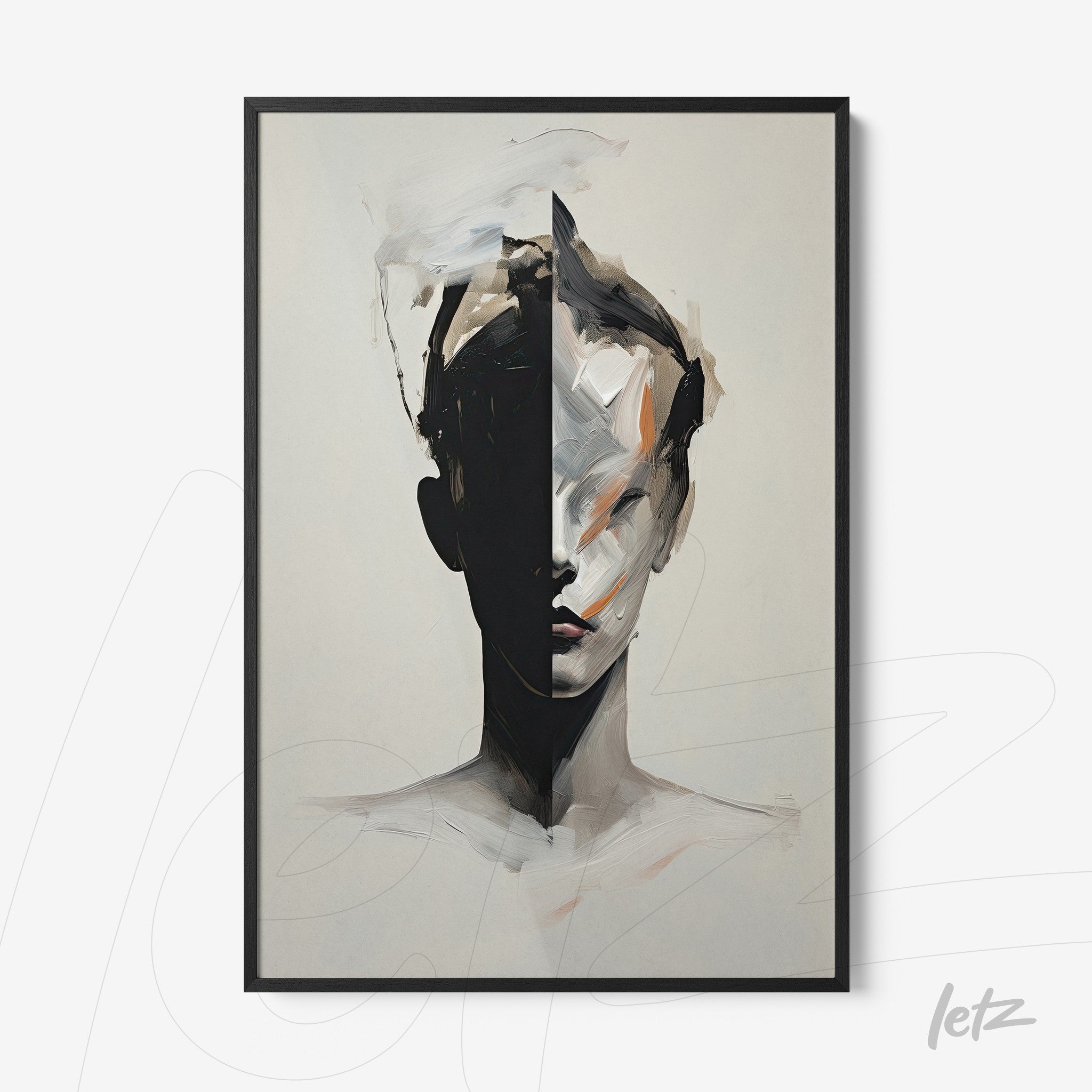 abstract art piece of a divided human face in neutral colors featuring a sleek black frame
