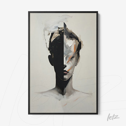 abstract art piece of a divided human face in neutral colors featuring a sleek black frame