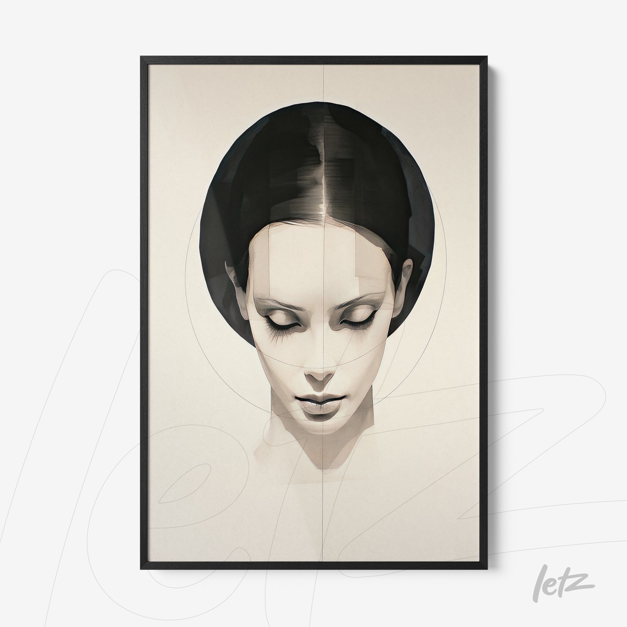 framed wall art featuring a digital portrait of a woman with subtle lines and a light background in a black frame