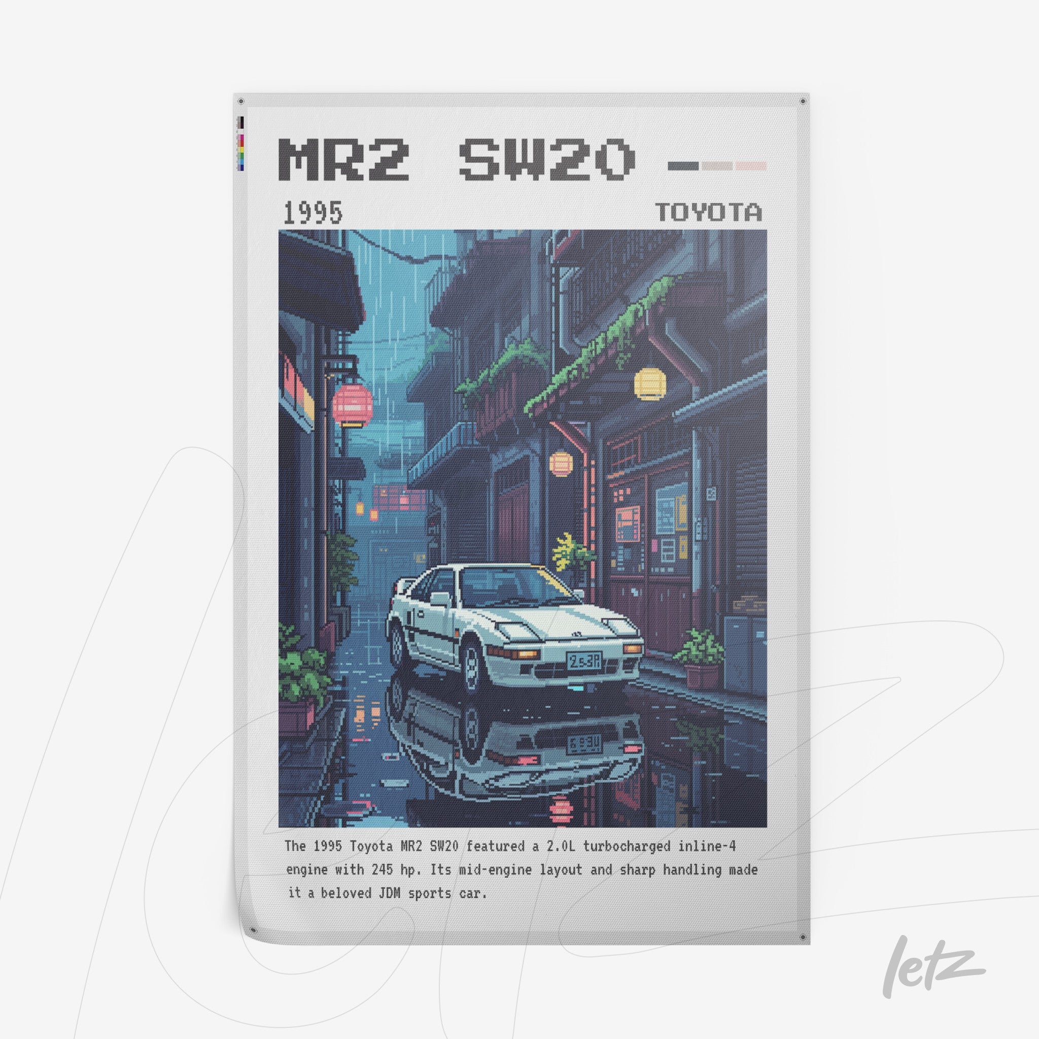 retro digital art print of a 1995 toyota mr2 surrounded by neon-lit streets and traditional buildings in a rainy scene