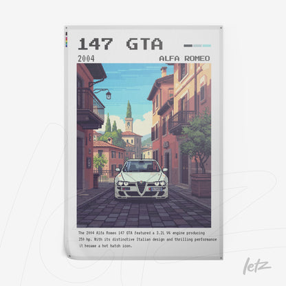 vibrant artwork depicting an alfa romeo 147 gta car on an italian street with historical buildings and a tower in the background