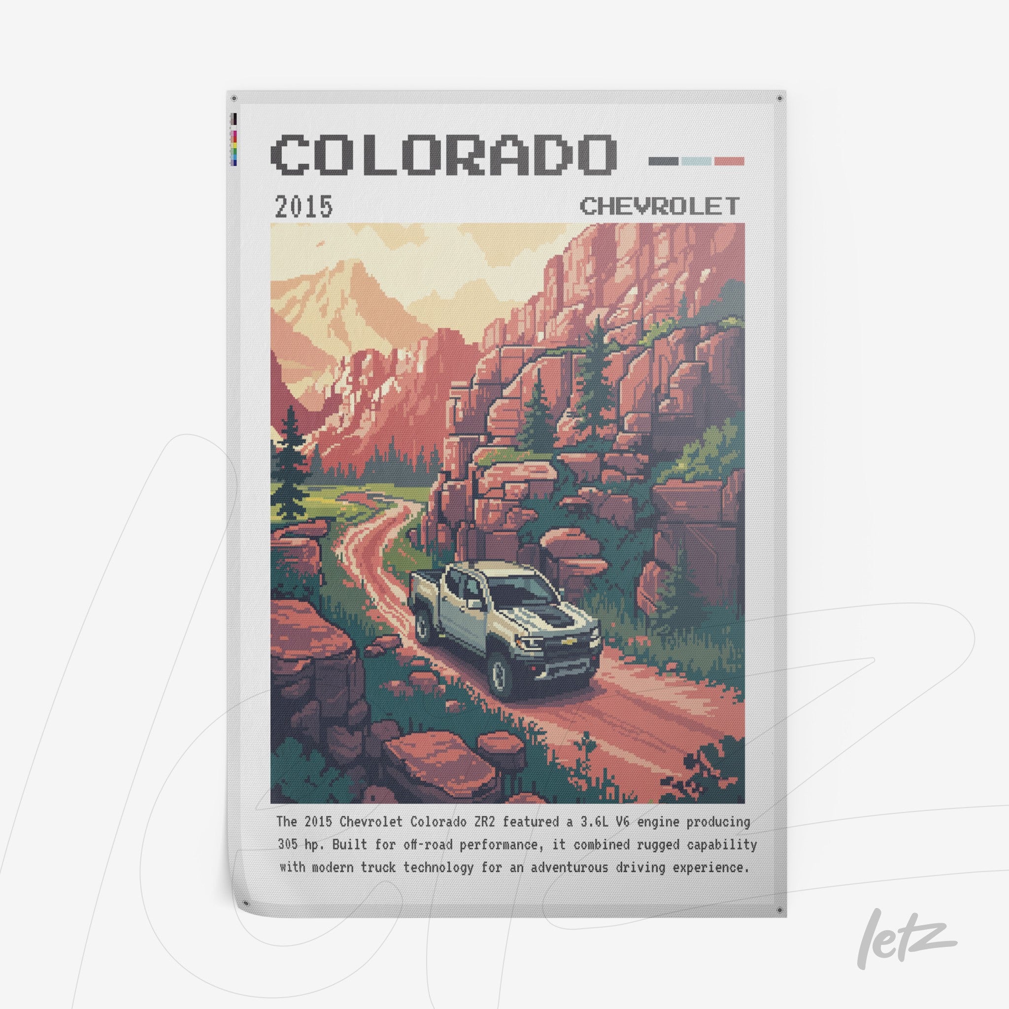 pixel art print of a 2015 Chevrolet Colorado truck on a mountain road