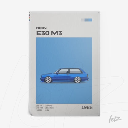 poster print featuring digital illustration of BMW E30 M3 in blue tone against a light background