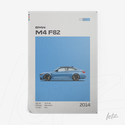 framed wall art featuring a stylized illustration of the BMW M4 F82 in a light blue background, highlighting technical details like horsepower and weight