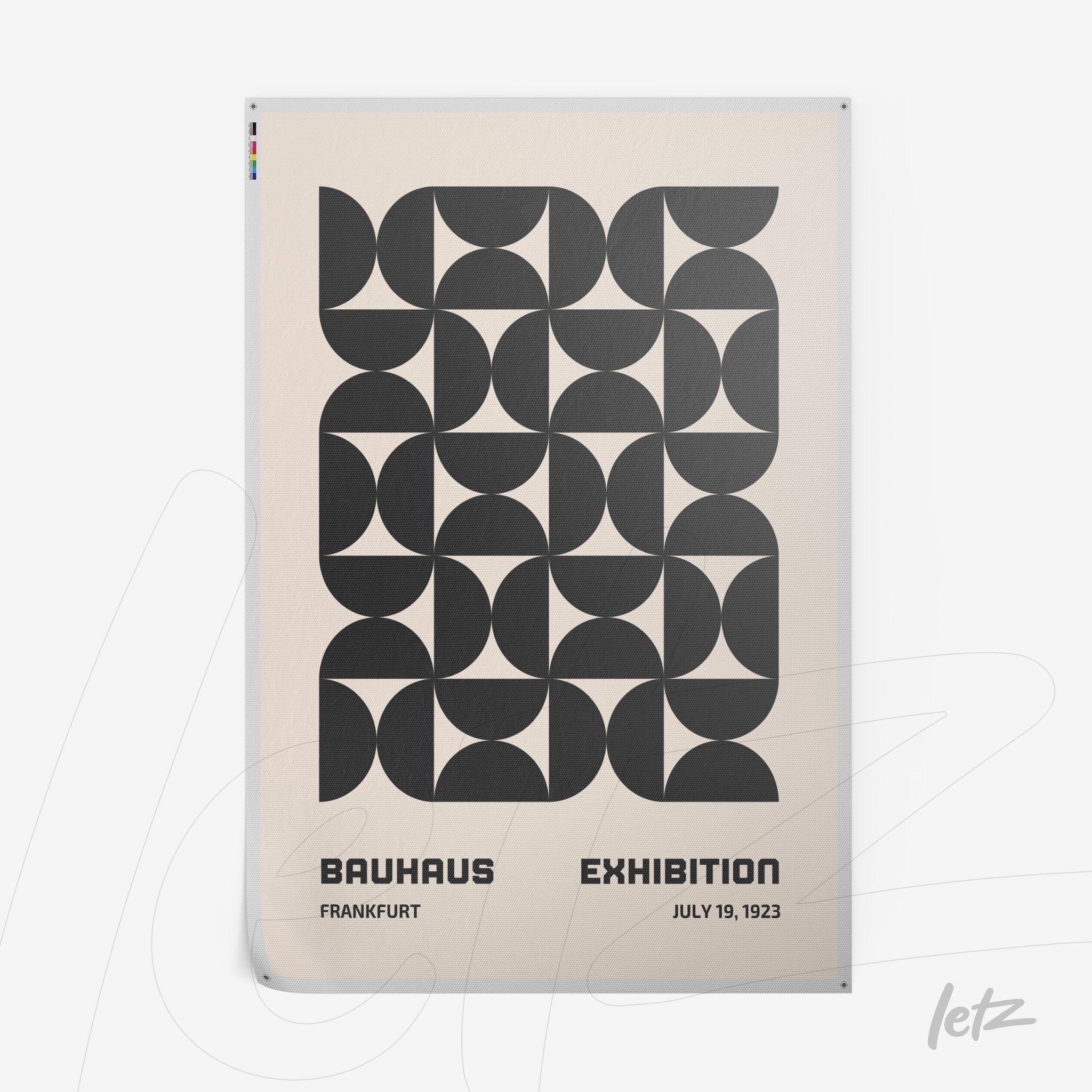 poster with black abstract geometric art on beige background with text bauhaus exhibition frankfurt, july 19, 1923
