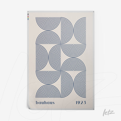 poster featuring geometric design inspired by Bauhaus style with concentric circles in blue on a beige background