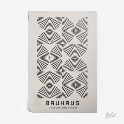 poster print featuring geometric design of black circles on white background, Bauhaus style, with text 'Frankfurt - Oktober 1923' in bold letters