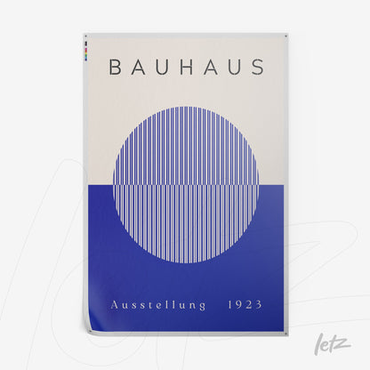 poster print with Bauhaus design in blue and beige featuring parallel lines forming a semicircle