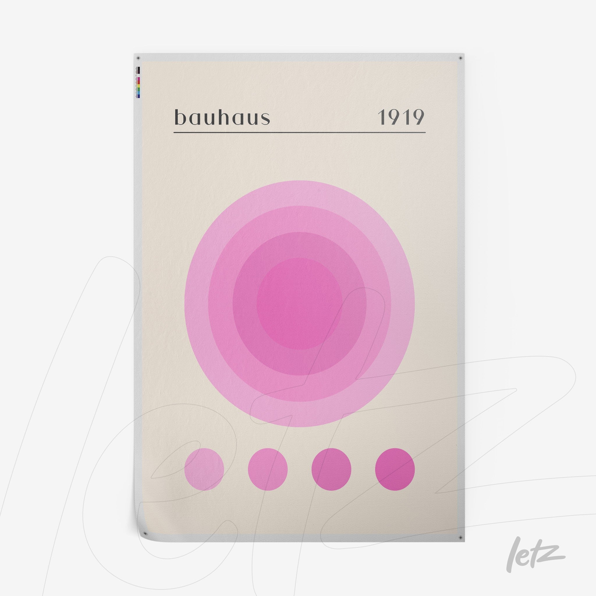 poster print featuring bauhaus style art with pink concentric circles on a beige background