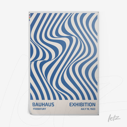 poster featuring geometric blue and white design from the Bauhaus movement