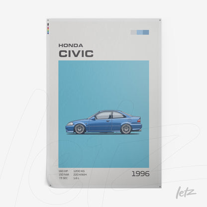 poster print featuring an illustration of a 1996 Honda Civic on a light blue background