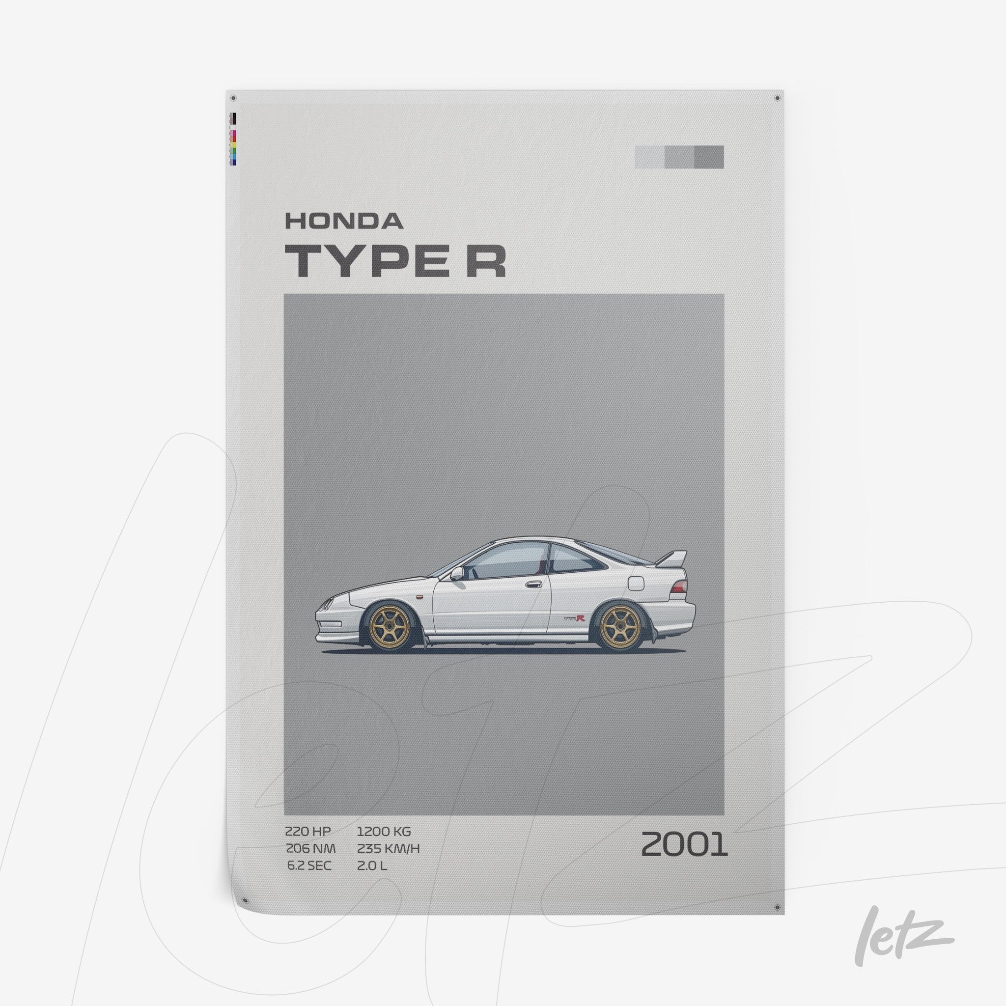 graphic print of the 2001 Honda Type R in light gray background with minimalist style details