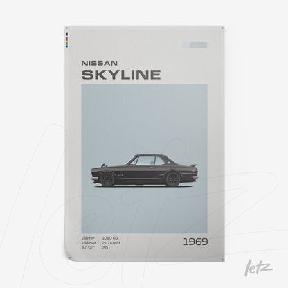 digital art of the 1969 Nissan Skyline car with a soft blue background and minimalist typography details