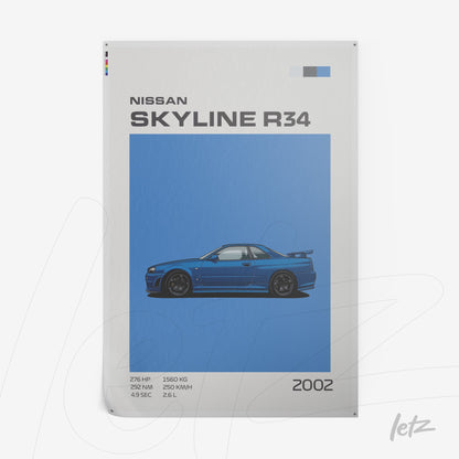 framed wall art featuring digital illustration of Nissan Skyline R34 on light blue background highlighting its specifications and year 2002