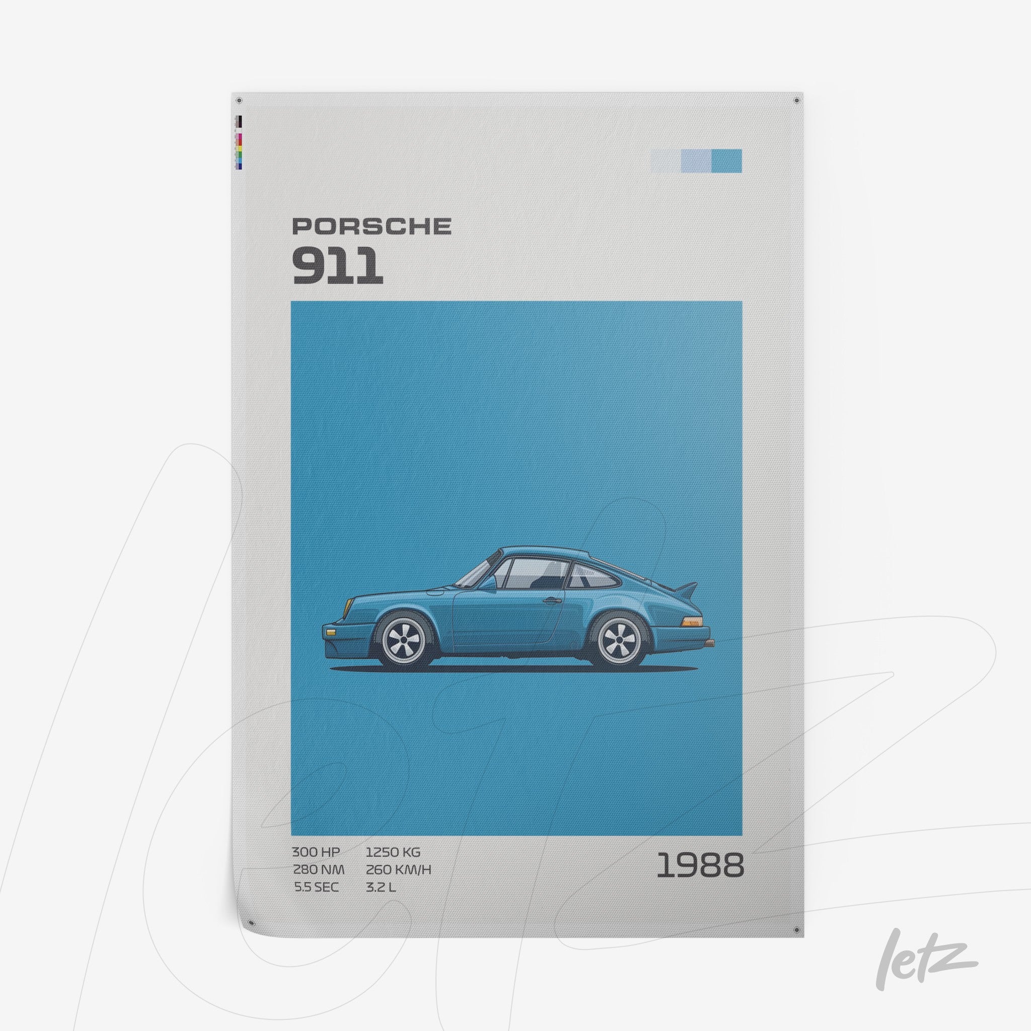 framed wall art featuring a stylized illustration of a Porsche 911 in a blue background