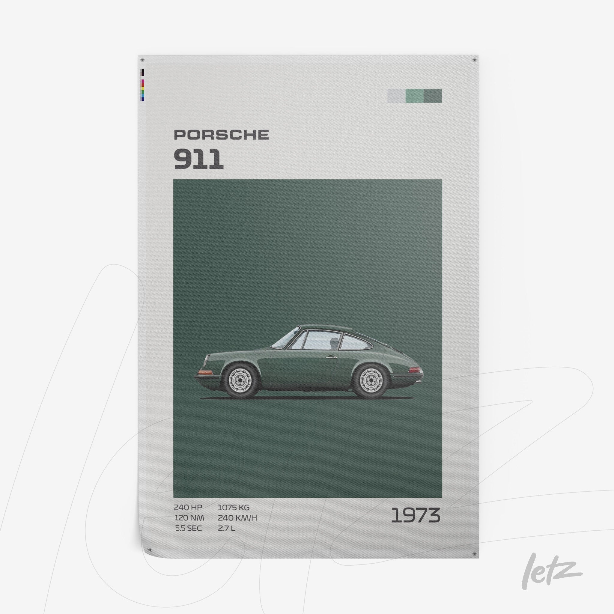 poster print featuring an illustration of a 1973 Porsche 911 on a dark green background with minimalist design