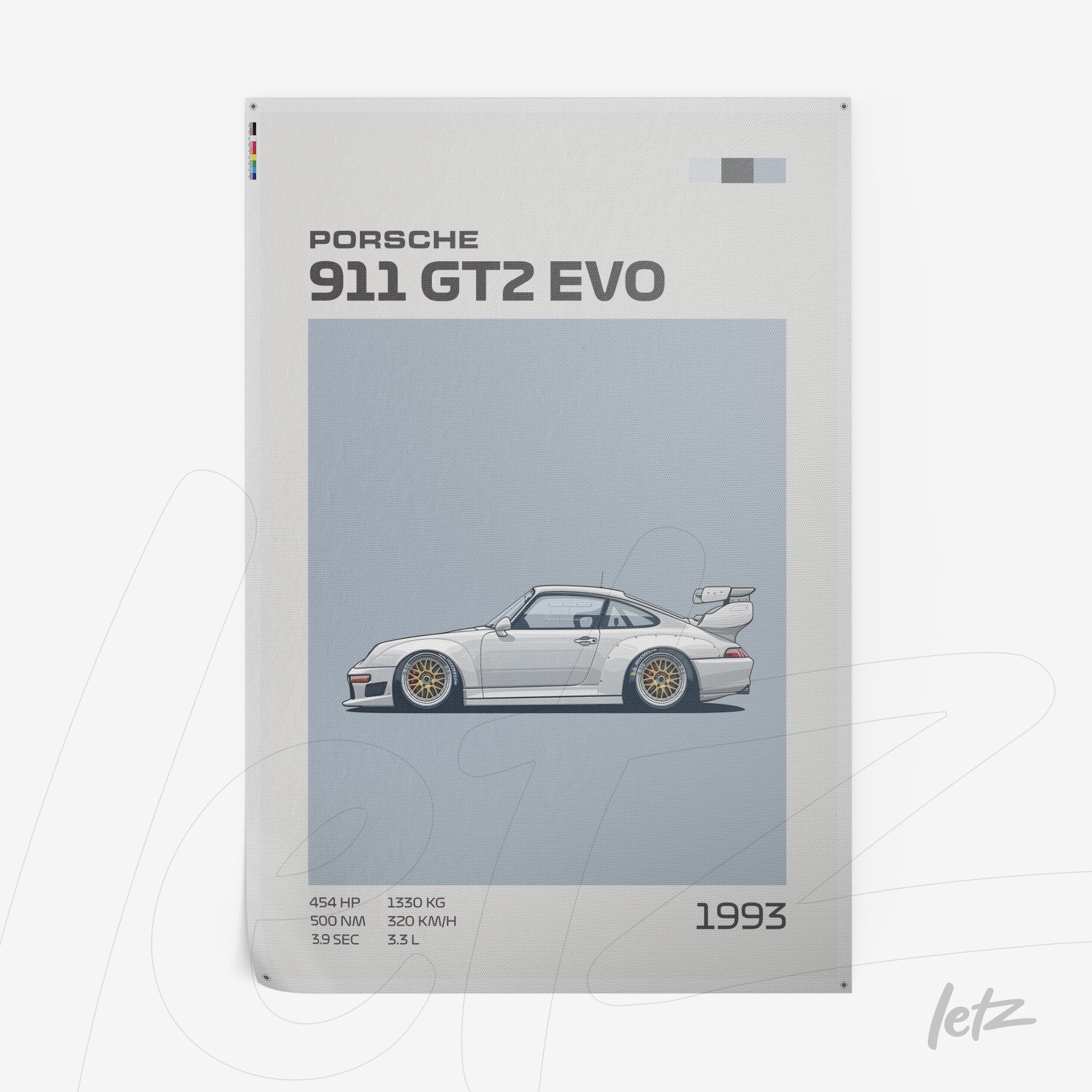 wall art featuring illustration of 1993 Porsche 911 GT2 EVO on light blue background with modern typography