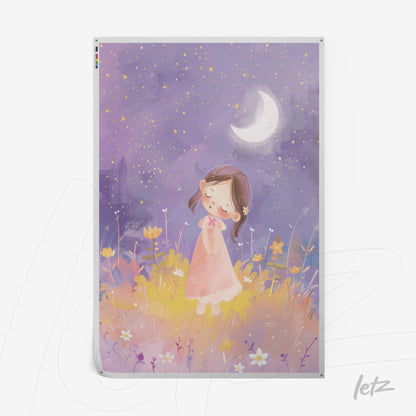 colorful illustration of a dreamy girl in a field of flowers under a starry sky with crescent moon