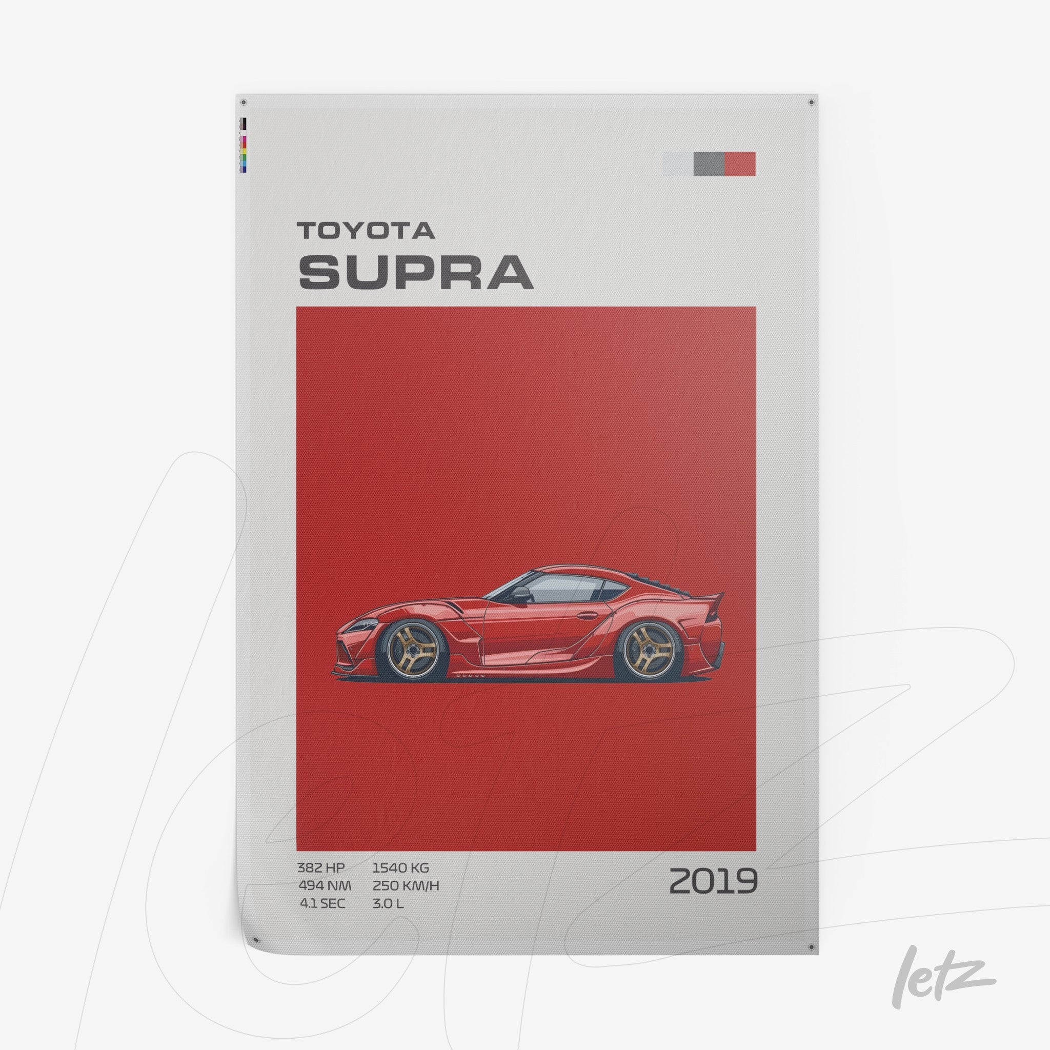 framed artwork featuring the toyota supra car illustration against a red background