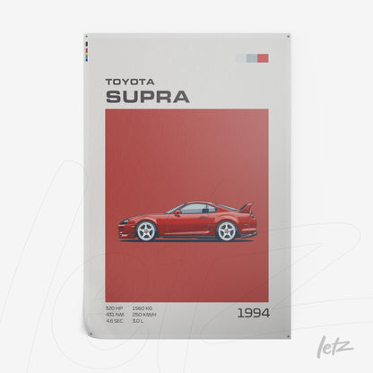 illustration of a Toyota Supra sports car against a red background with white and blue accents