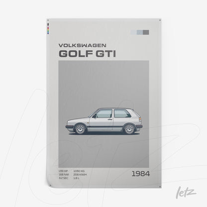 minimalist poster print of a 1984 Volkswagen Golf GTI on a light background