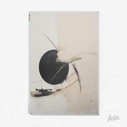 canvas artwork featuring abstract design in neutral tones with a large black circle and flowing lines
