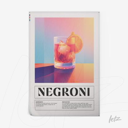 modern wall art of negroni cocktail with ice in glass, colorful gradient background