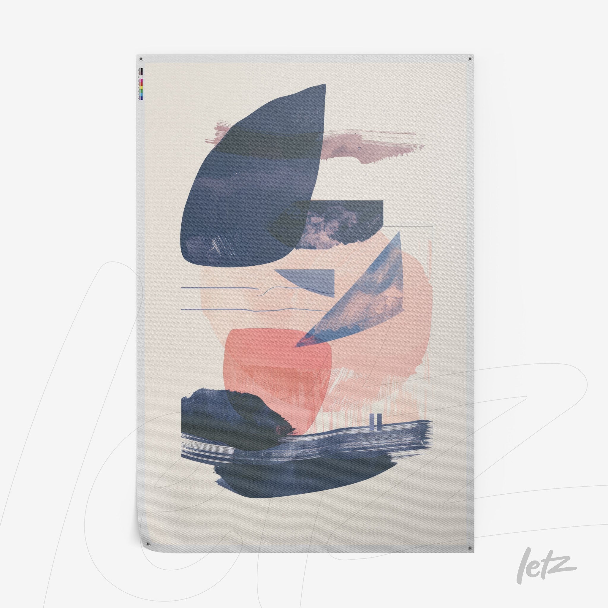 contemporary art with abstract shapes in shades of blue and pink on a light background