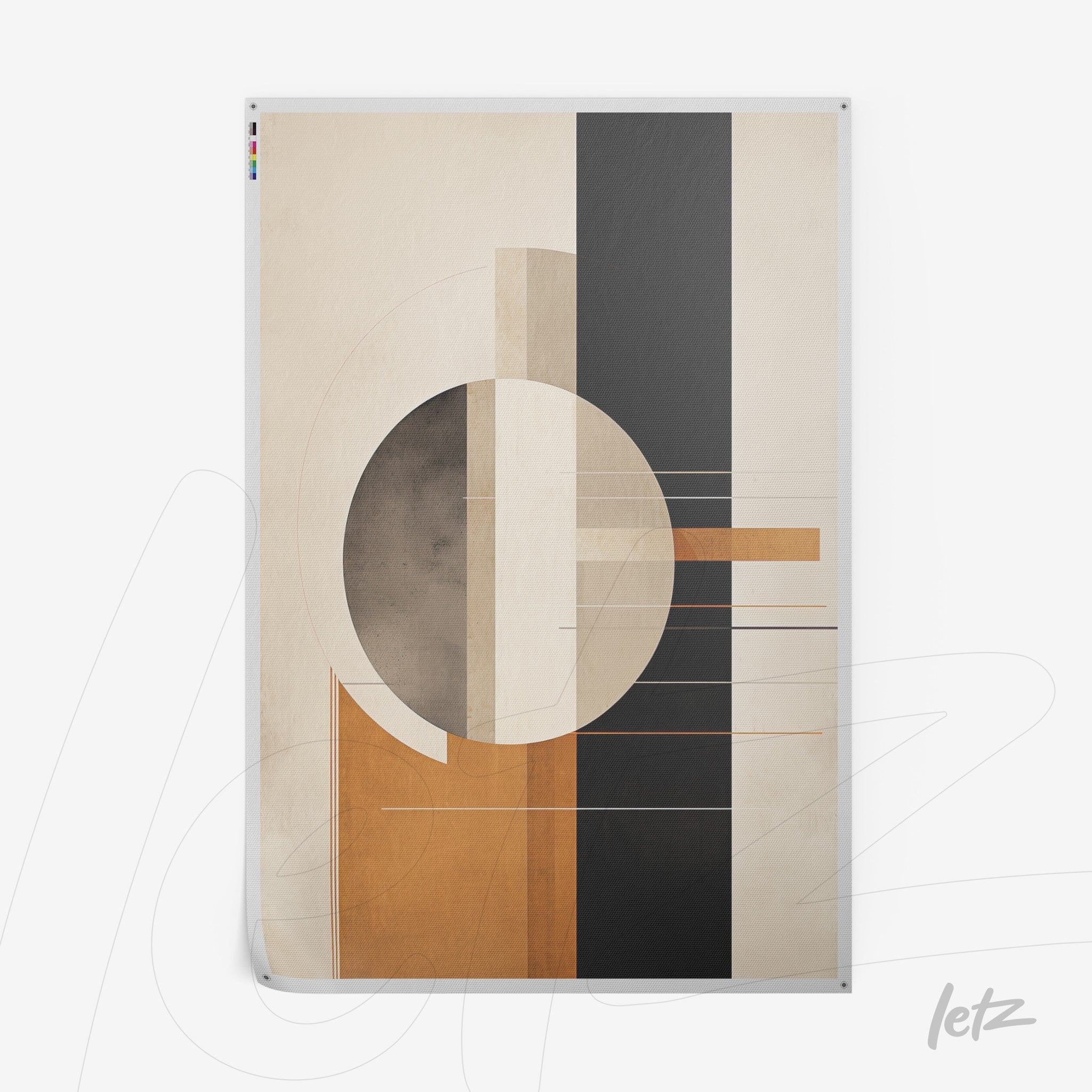 abstract wall art in beige, brown, and black featuring geometric shapes