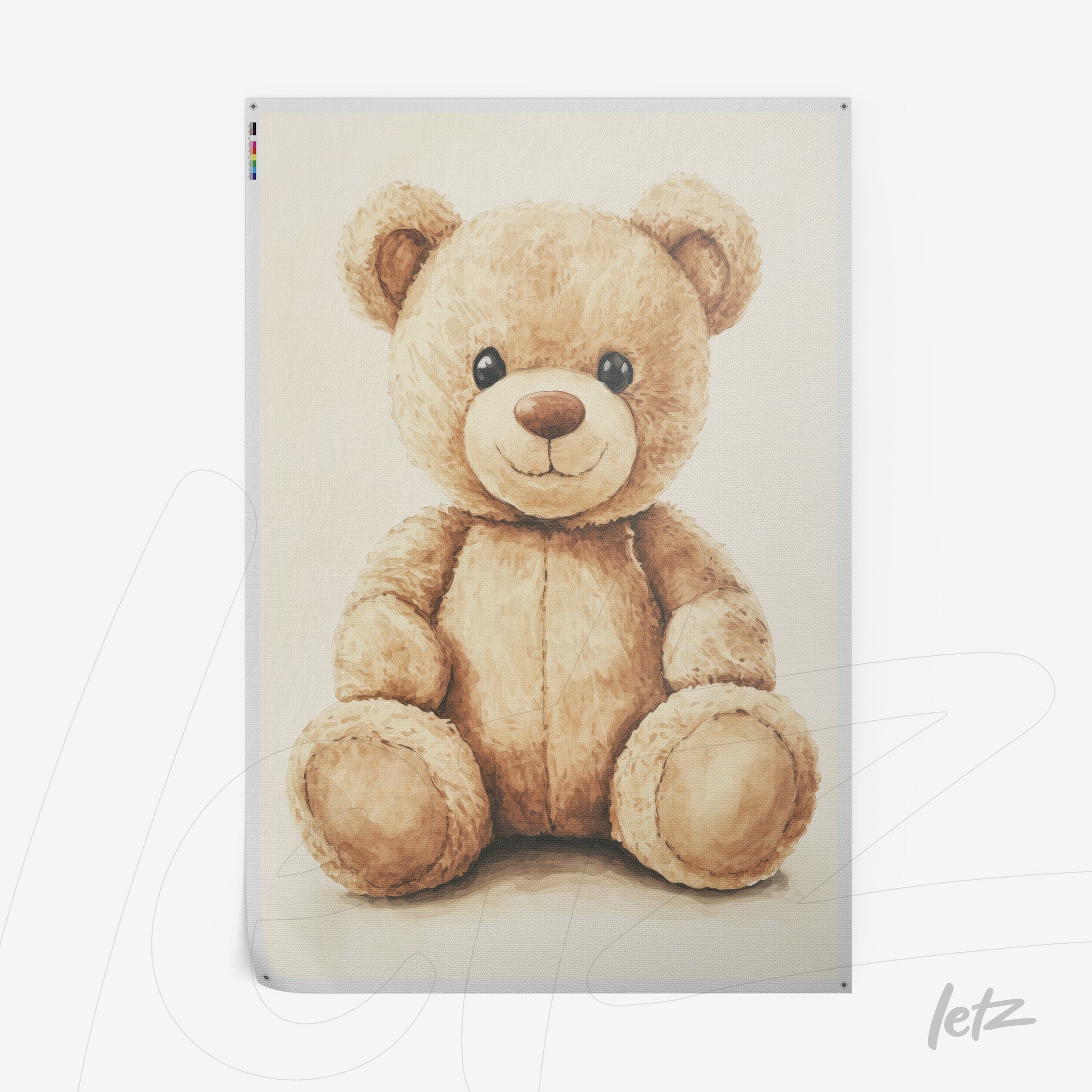 watercolor style illustration of a plush teddy bear on a neutral background