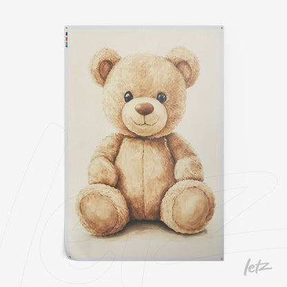 watercolor style illustration of a plush teddy bear on a neutral background