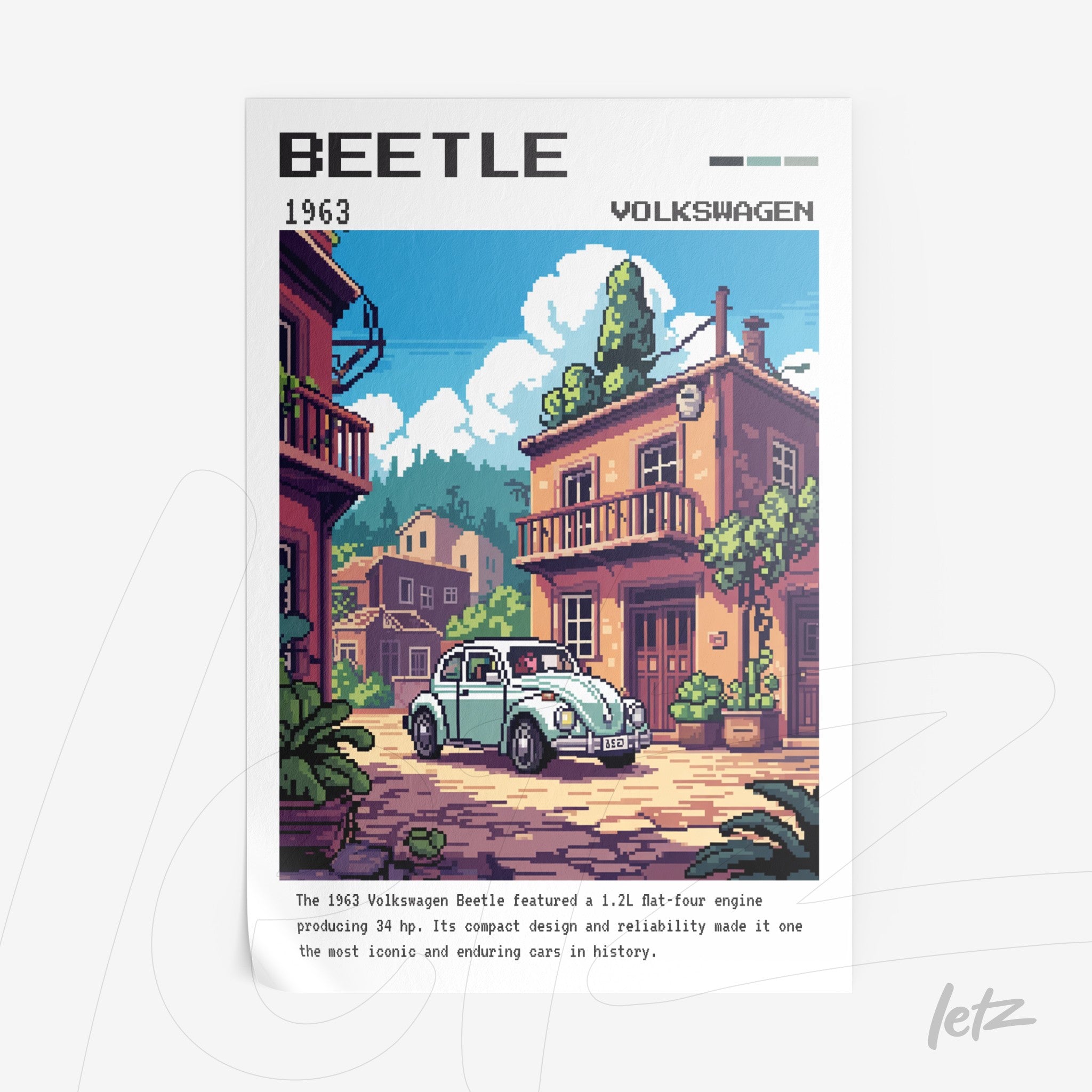 poster print featuring retro art of a 1963 Volkswagen Beetle on a street with colorful houses