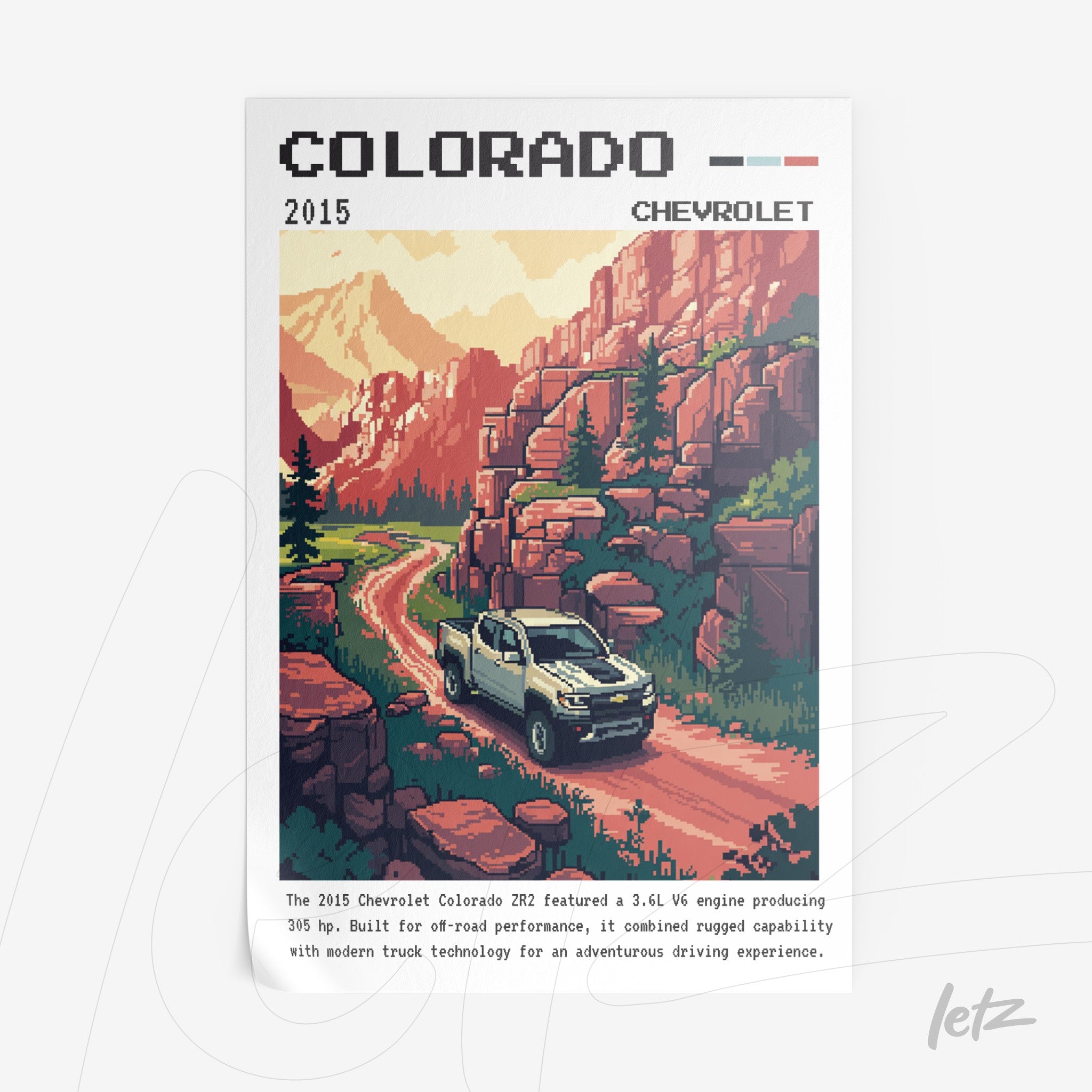 pixel art framed illustration of the 2015 Chevrolet Colorado truck on a mountain road