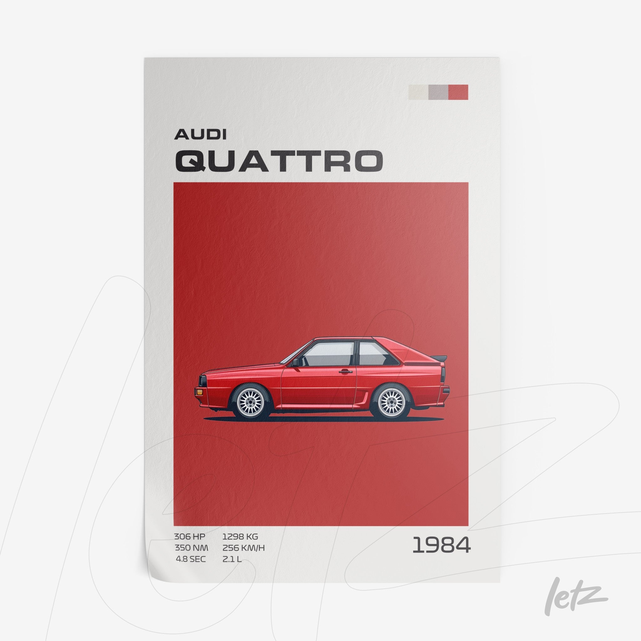 framed artwork featuring a digital illustration of the 1984 Audi Quattro on a red background with graphic details
