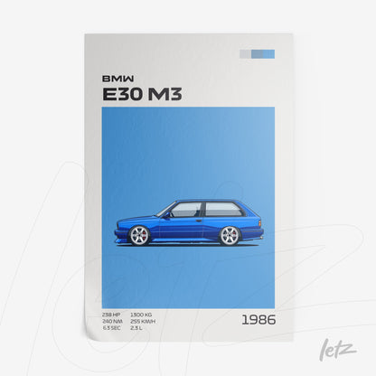 framed wall art featuring digital illustration of BMW E30 M3 on light blue background